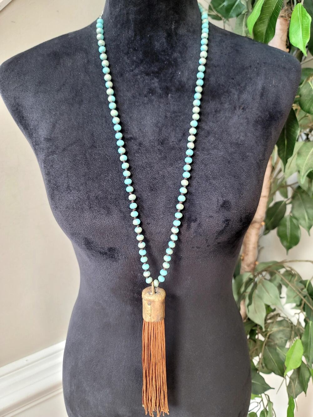 Turquoise Blue Beaded Long Tassel Necklace Brown Fringe Boho Statement Jewelry